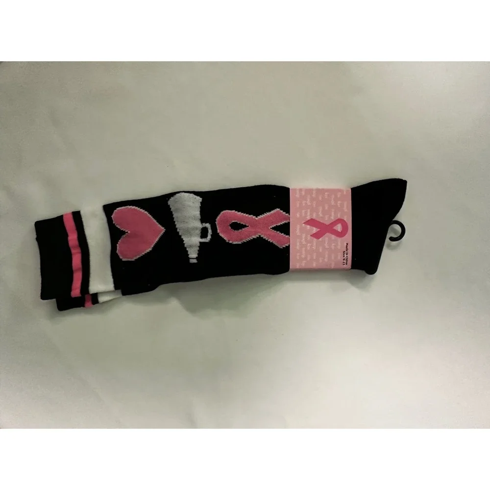 Breast Cancer Awareness Socks Cheerleader Heart Ribbon Black‎ Pink Size 9-11